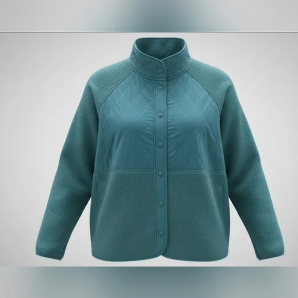 NWT GapFit Quilted Hybrid Fleece Snap-Front Jacket - Dark Teal - - Picture 2 of 6